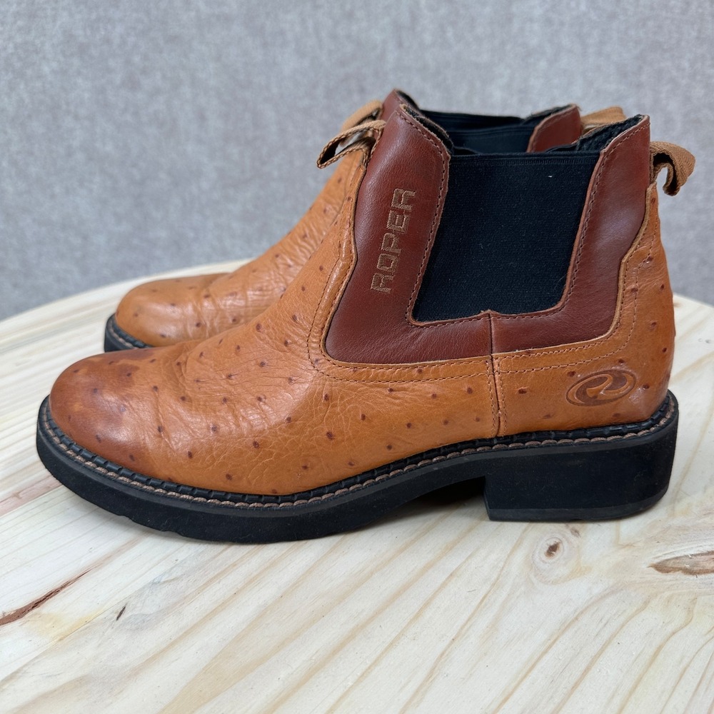 Roper Womens 8 Brown Leather Ostrich‎ Print Round Toe Ropers Cowboy Boots READ